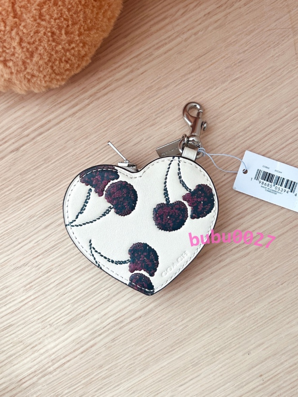 NWT🍒Coach Heart Bag Charm With Cherry Print CDB55 Mini Coin Purse Chalk Cream